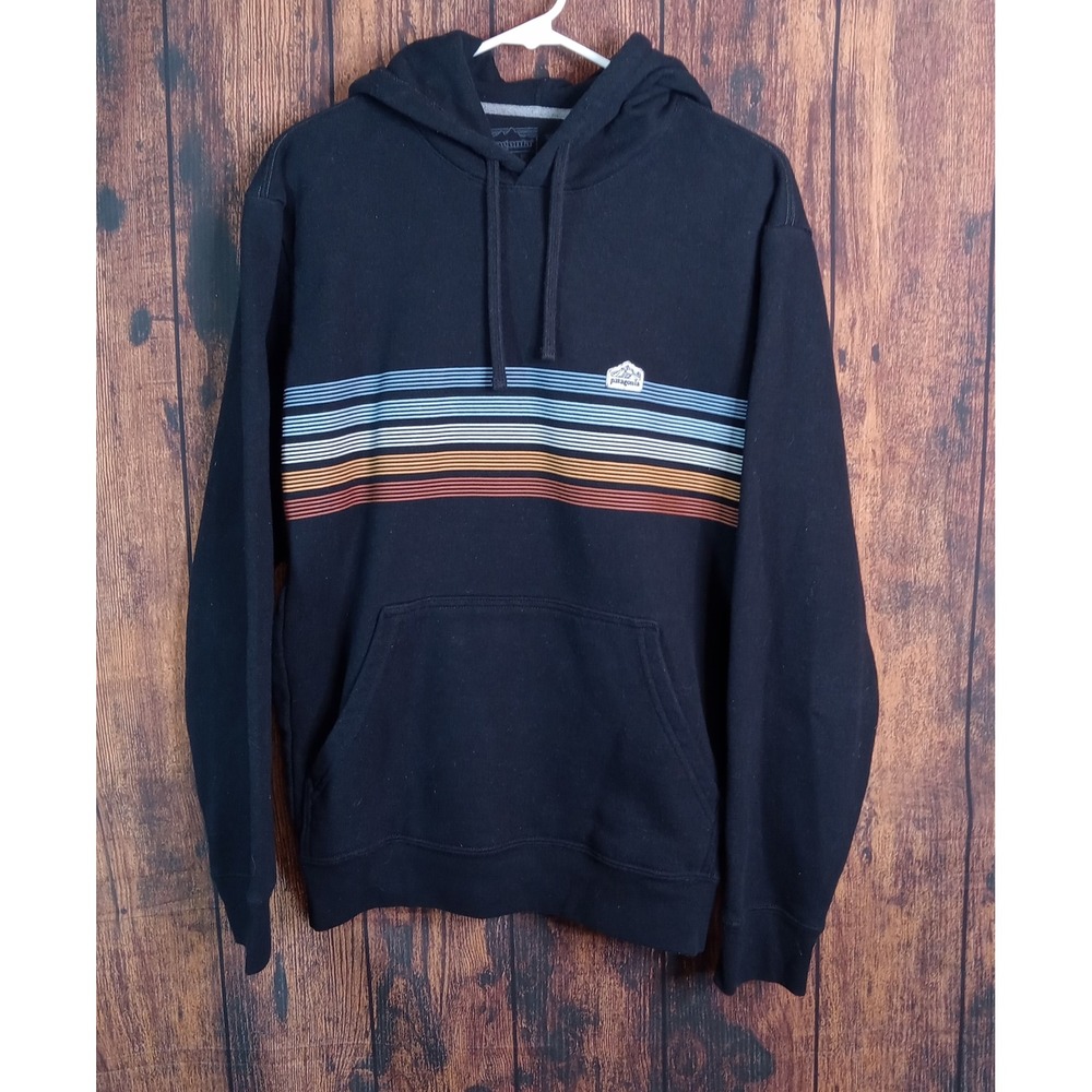 Patagonia Uprisal Hoodie Mens Medium Black Striped Pullover Sweatshirt 39620